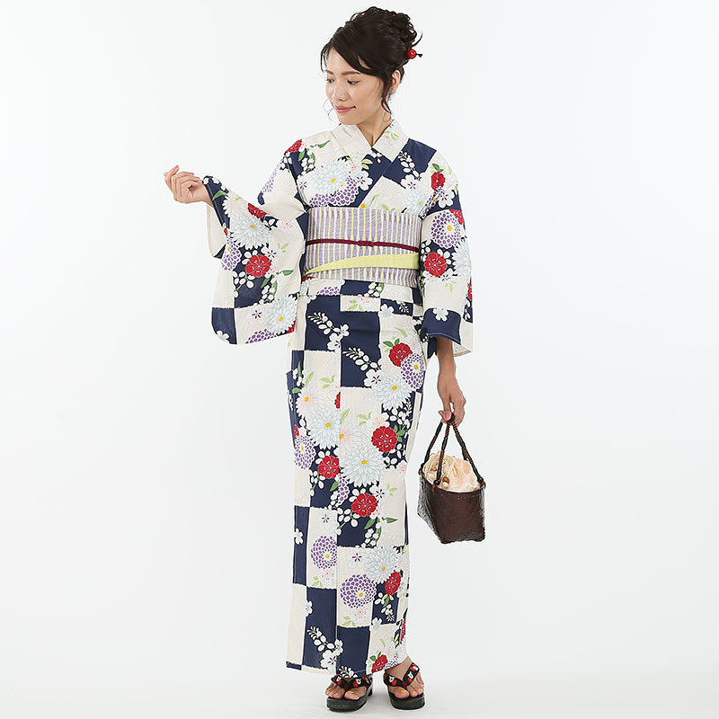 ふりふ　浴衣　市松に菊花　紺　ネイビー　総柄 ふりふ 【浴衣フルセット】「市松に菊花」 ネイビー系 | 結婚式