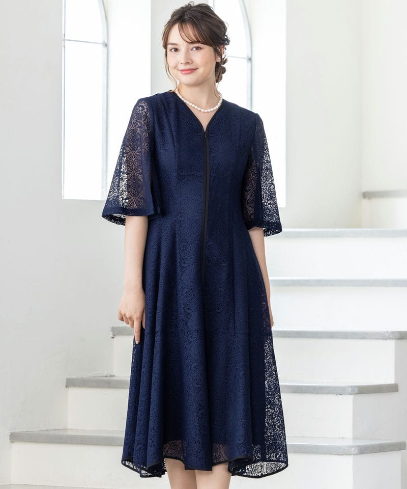 CELFORD セルフォード タイルレースパイピングドレス ネイビー系