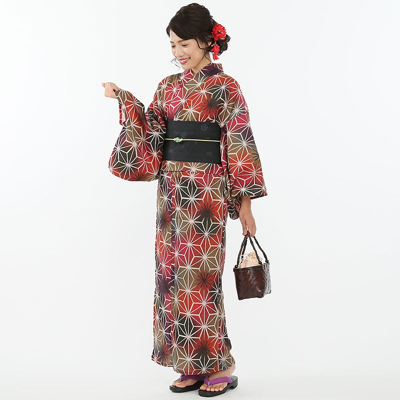 しゃら 【浴衣フルセット】簡易着付け浴衣「麻の葉」 レッド系 | 結婚