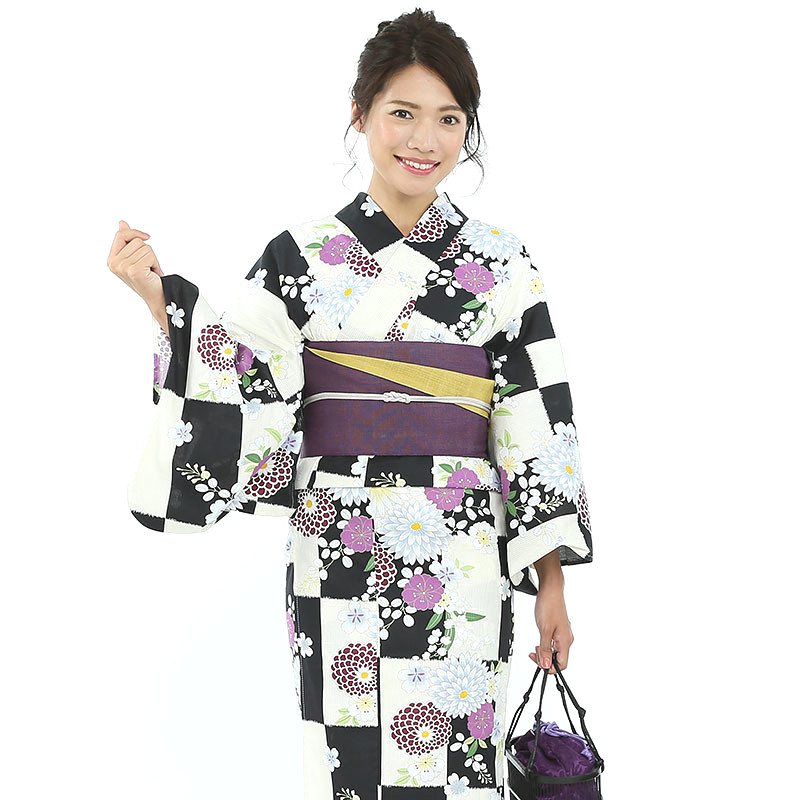 ふりふ 【浴衣フルセット】「市松に菊花」 ブラック系 | 結婚式 