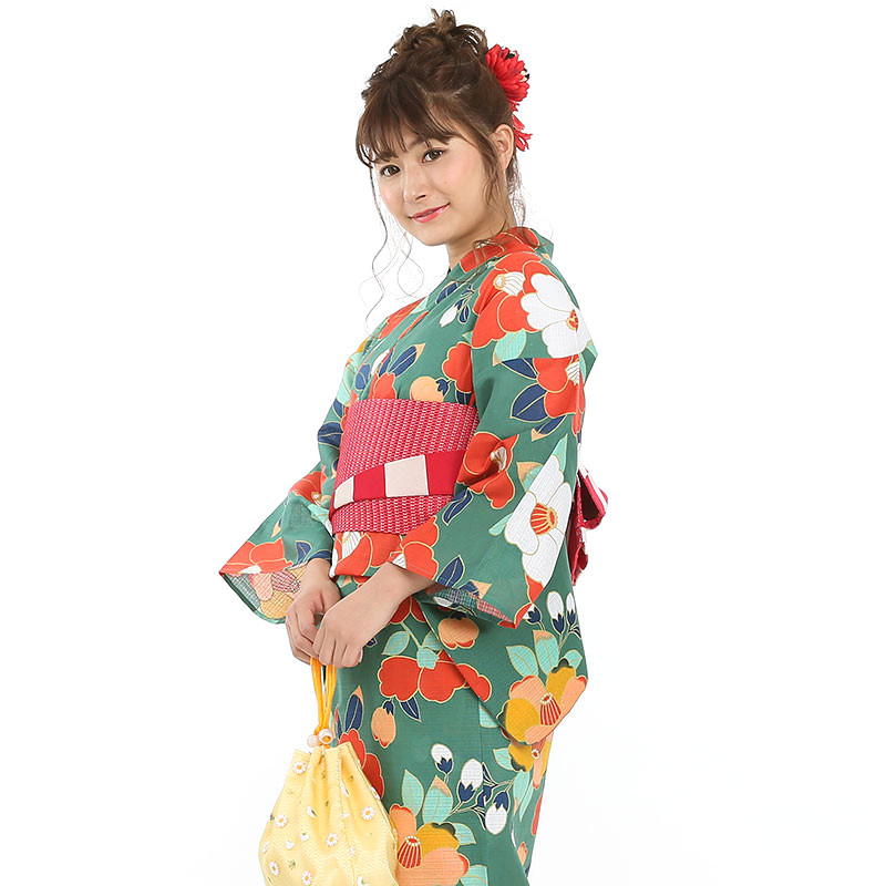 KIMONOMACHI 【浴衣・下駄セット】きものまち「椿」 グリーン系 | 結婚