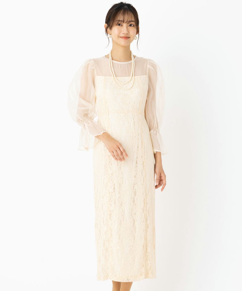 Chico チコ 配色レースタイトロングドレス ベージュ系 | 結婚式