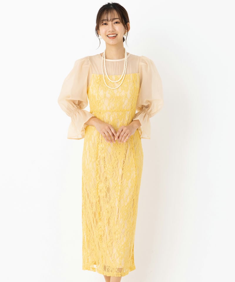 Chico チコ 配色レースタイトロングドレス イエロー系 | 結婚式
