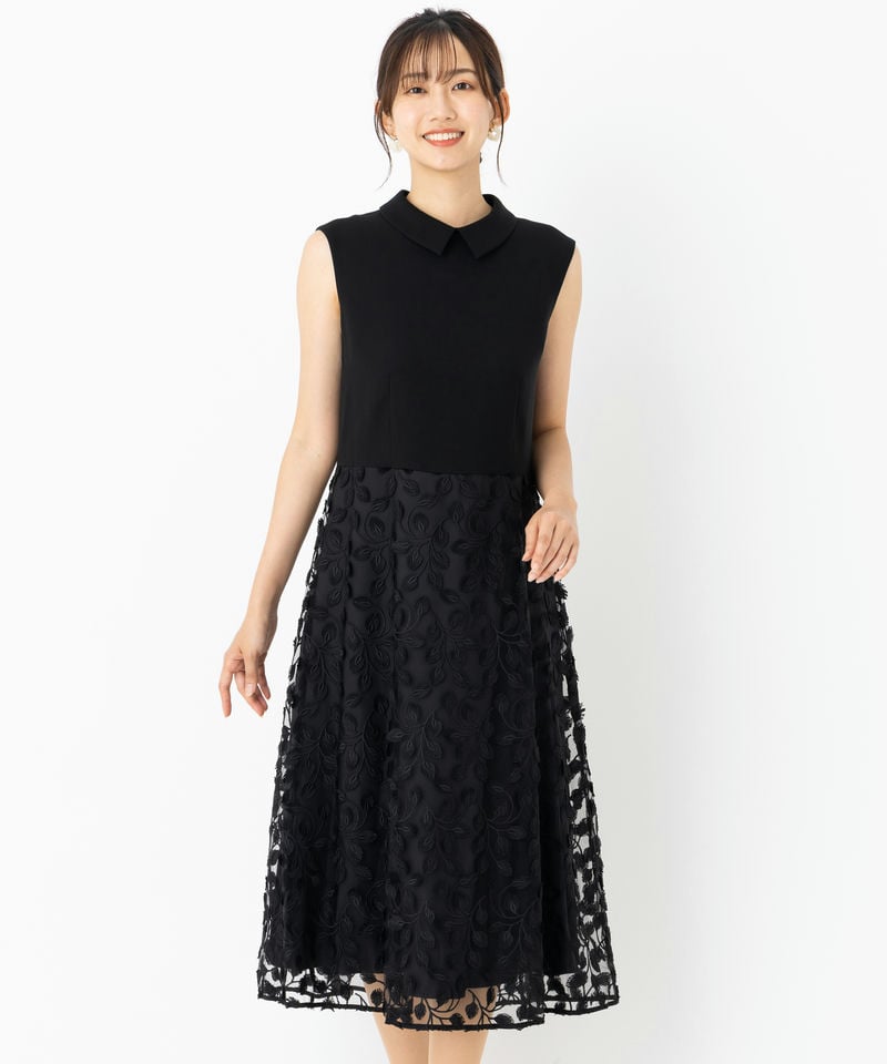 23区 ブラック刺繍パーティードレス 23区 バックサテンストレッチドレス ブラック系 | 結婚式パーティーの