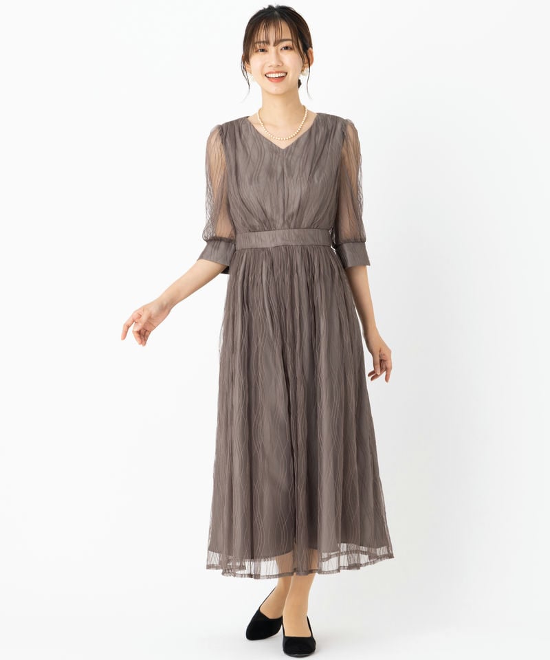 Aimer エメ チュールレースVネック袖付きフレアドレス その他 x