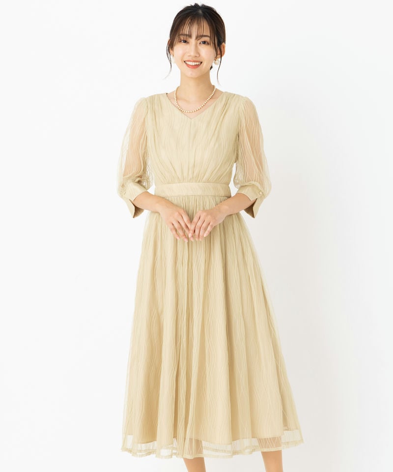 Aimer エメ チュールレースVネック袖付きフレアドレス イエロー系 Aimer エメ チュールレースVネック袖付きフレアドレス イエロー系
