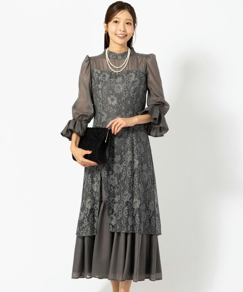 Select Shop 【ドレス2点SET】シャーリングスリーブ花柄レースドレス