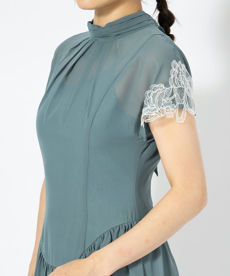 etoll. エトル ドロップウエストスリーブレースドレス グリーン系