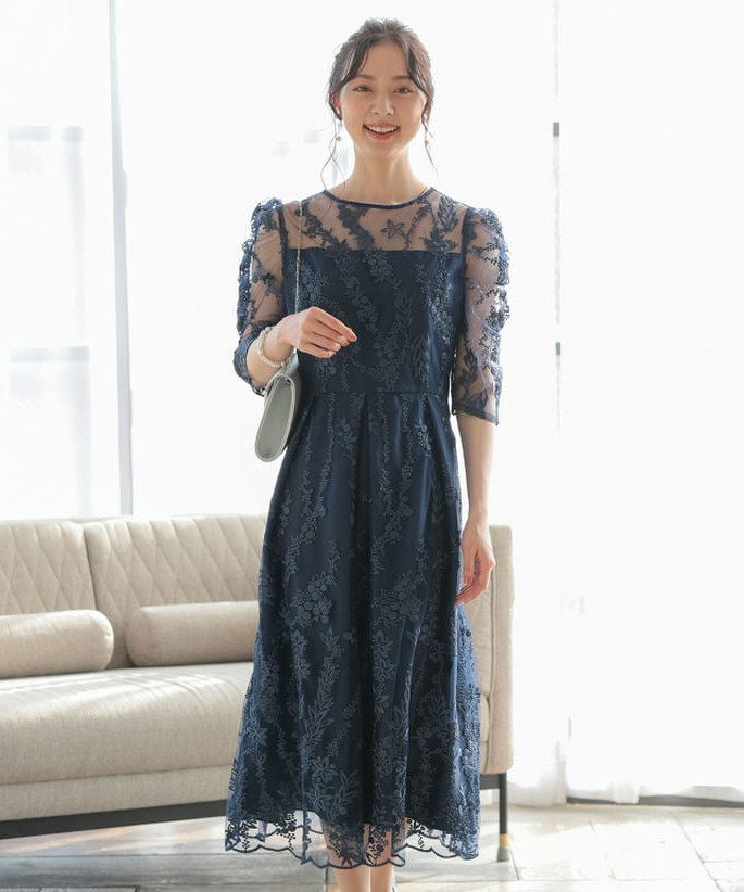 Select Shop チュール×総刺繍ギャザースリーブドレス ネイビー系