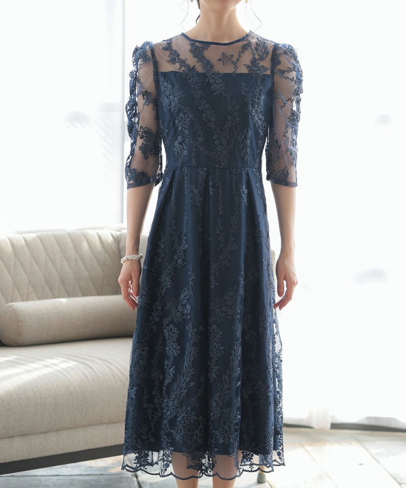 Select Shop チュール×総刺繍ギャザースリーブドレス ネイビー系