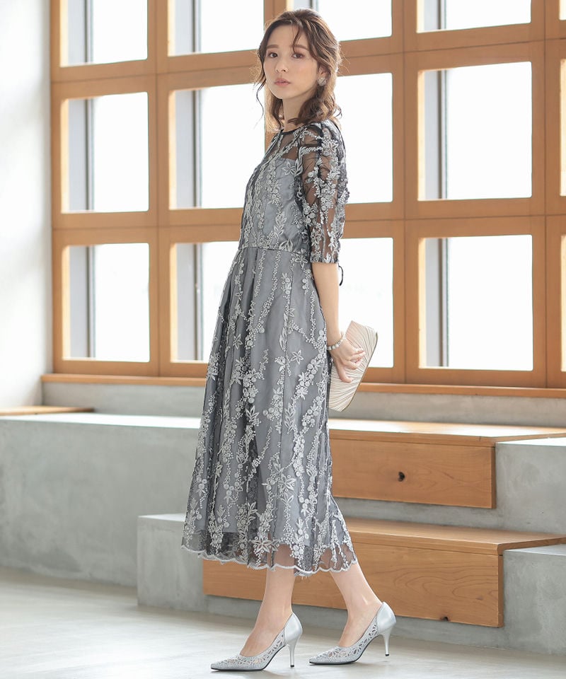 Select Shop チュール×総刺繍ギャザースリーブドレス ブラック系