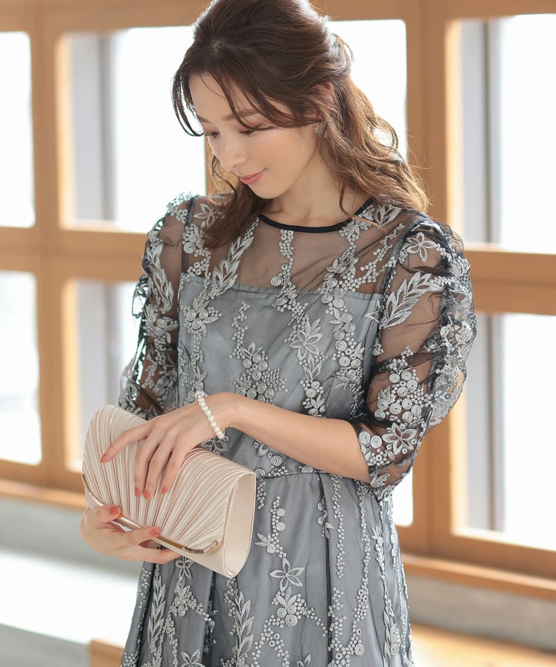 Select Shop チュール×総刺繍ギャザースリーブドレス ブラック系