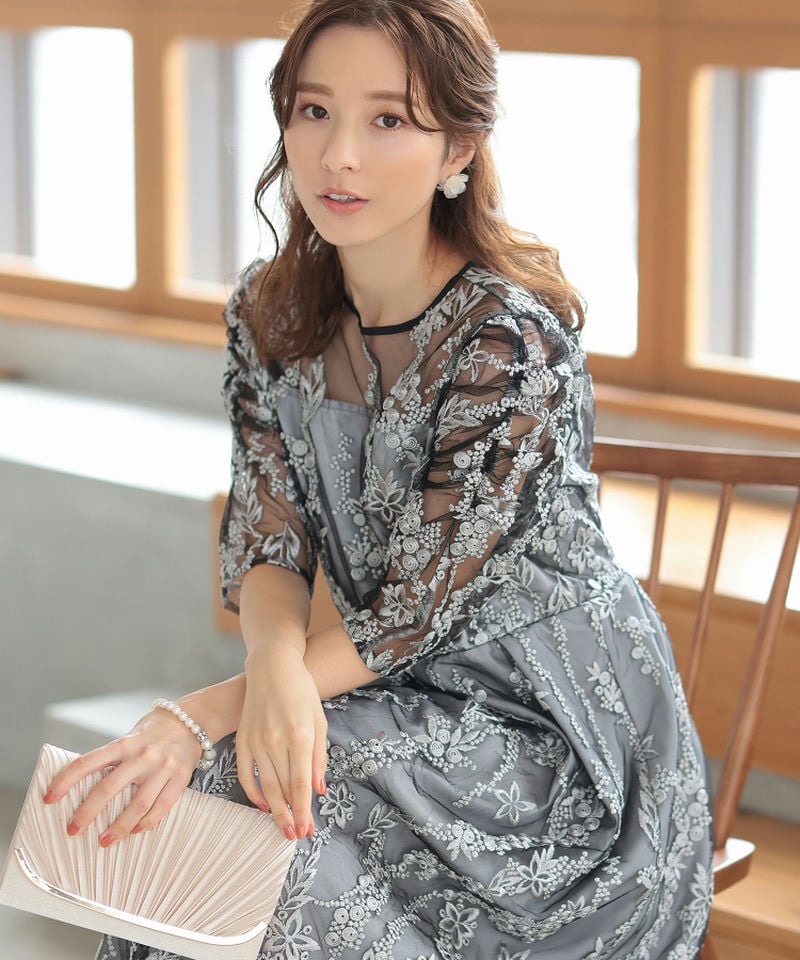 新品　ギャザードレープチュールスリーブレザーJK Select Shop チュール×総刺繍ギャザースリーブドレス ブラック系