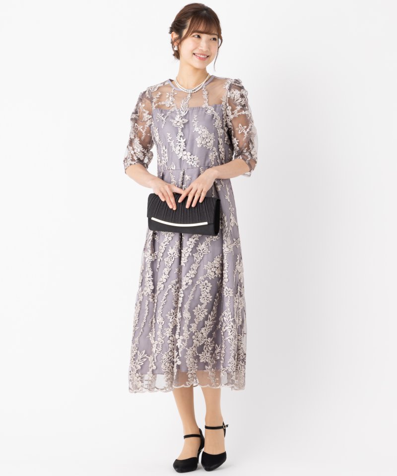 Select Shop チュール×総刺繍ギャザースリーブドレス グレー系 x