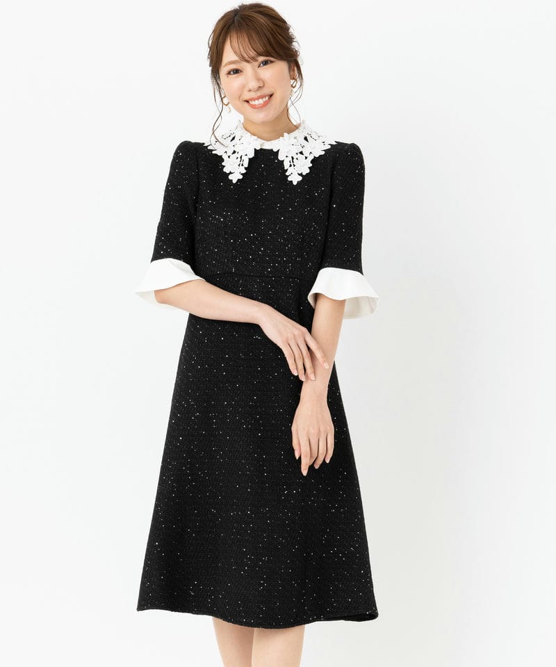 Leja レジャ 花柄レースカラースパンコール刺繍Aラインドレス ブラック