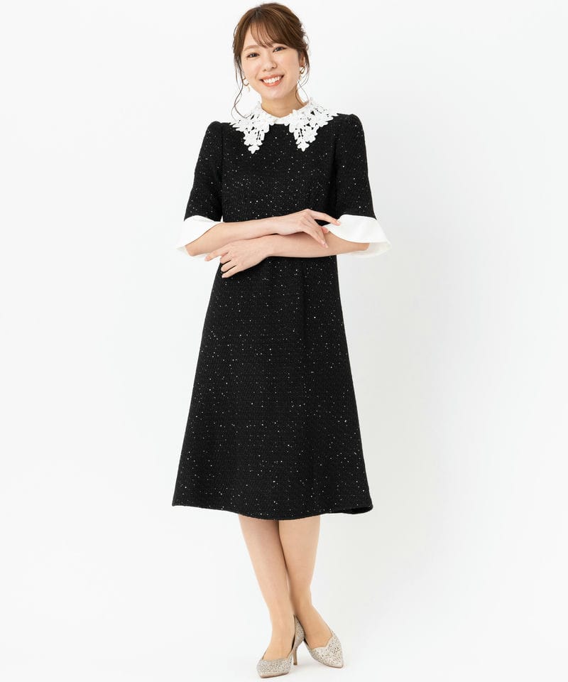 Leja レジャ 花柄レースカラースパンコール刺繍Aラインドレス ブラック