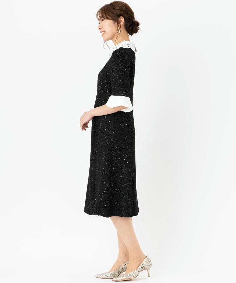 Leja レジャ 花柄レースカラースパンコール刺繍Aラインドレス ブラック