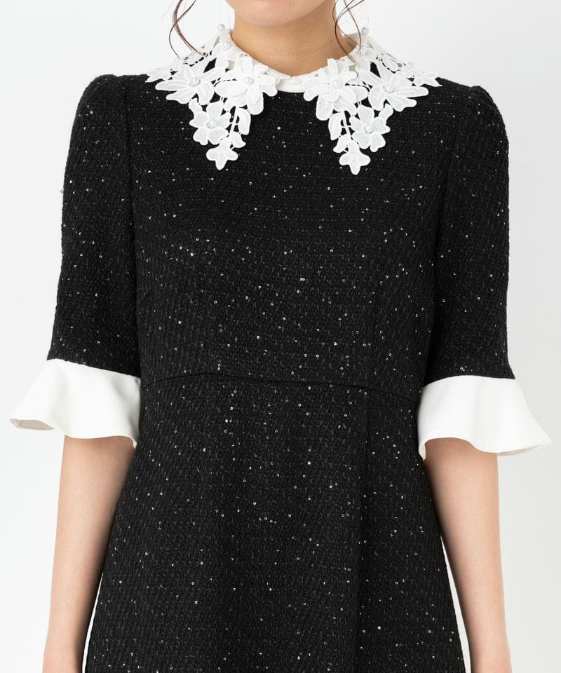 Leja レジャ 花柄レースカラースパンコール刺繍Aラインドレス ブラック