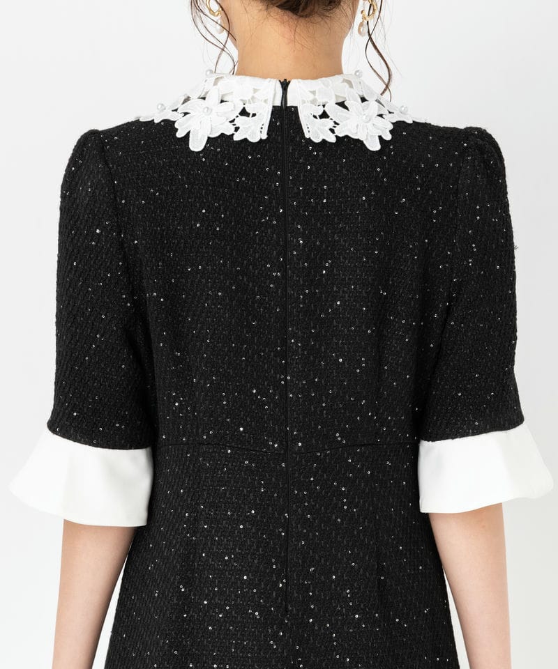 Leja レジャ 花柄レースカラースパンコール刺繍Aラインドレス ブラック