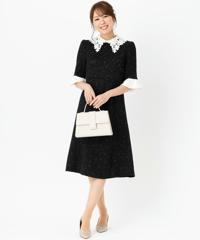 Leja レジャ 花柄レースカラースパンコール刺繍Aラインドレス ブラック