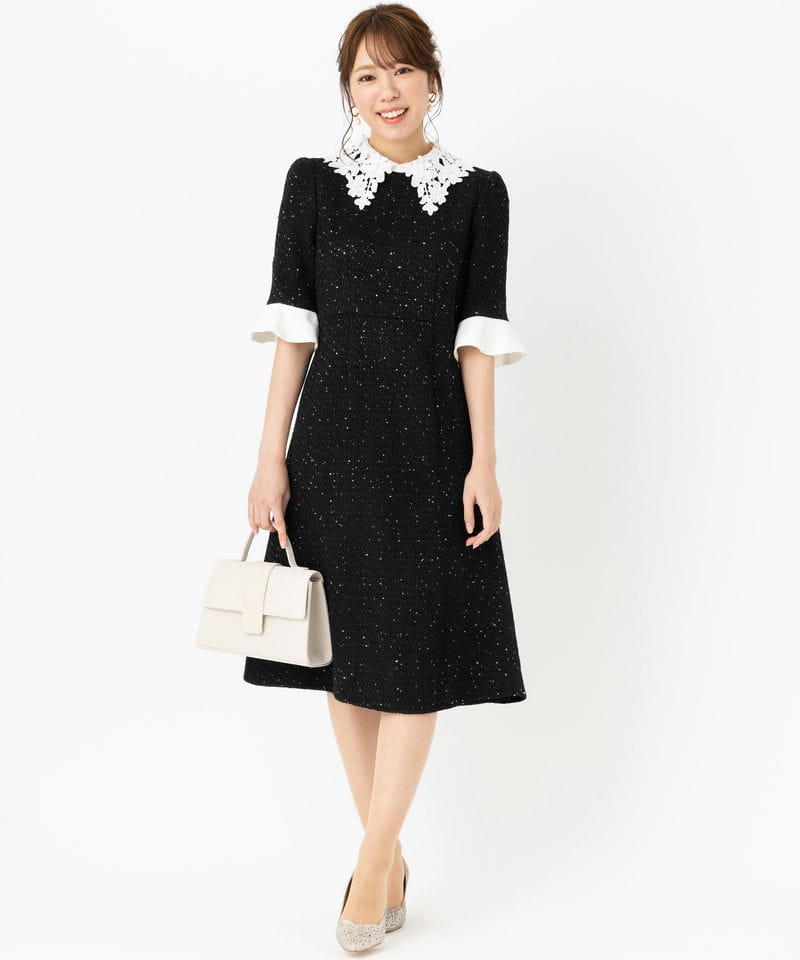 Leja レジャ 花柄レースカラースパンコール刺繍Aラインドレス ブラック