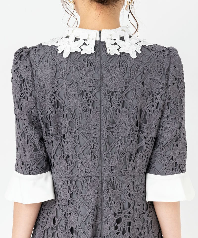 Leja レジャ 花柄レースカラース刺繍Aラインドレス グレー系 | 結婚式