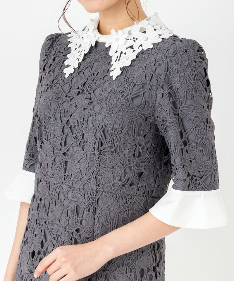 Leja レジャ 花柄レースカラース刺繍Aラインドレス グレー系 | 結婚式