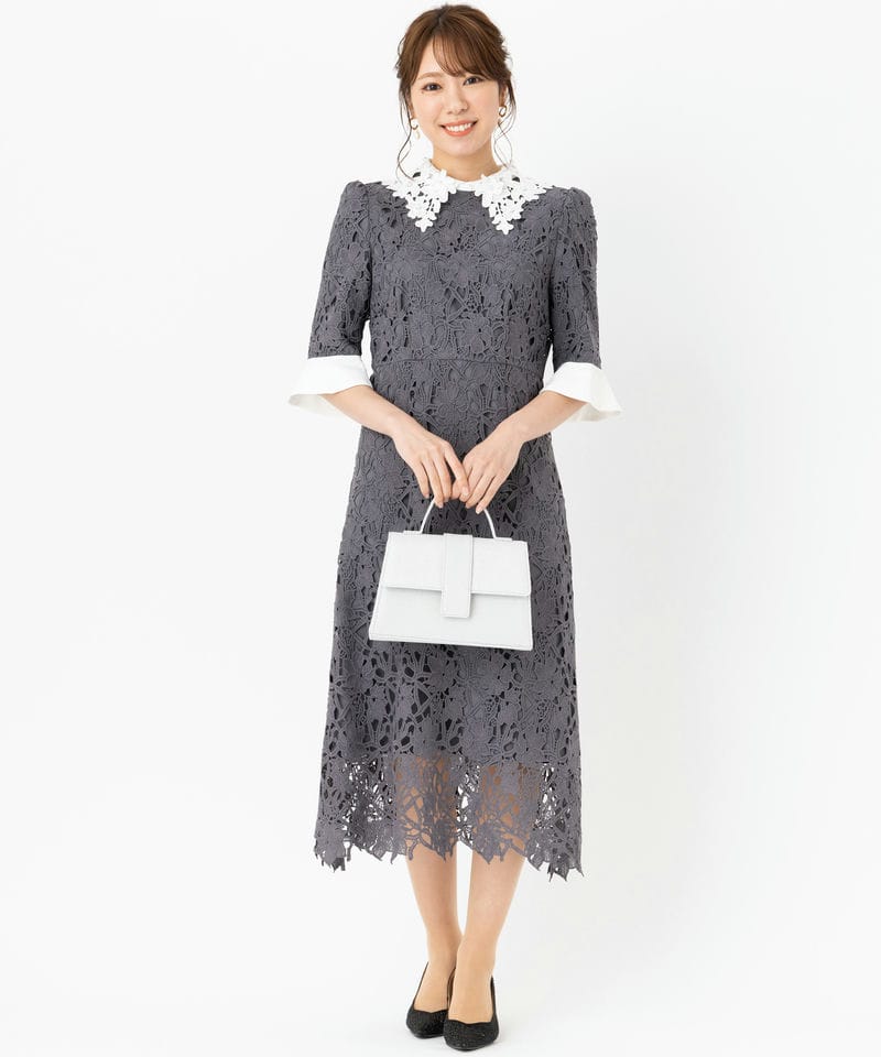 Leja パーティドレス　Aライン　グレー Leja レジャ 花柄レースカラース刺繍Aラインドレス グレー系 | 結婚式