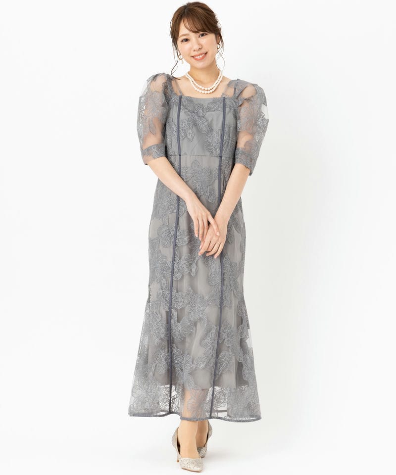 Leja レジャ 2WAYチュールオリジナル花柄刺繍オフショルドレス グレー