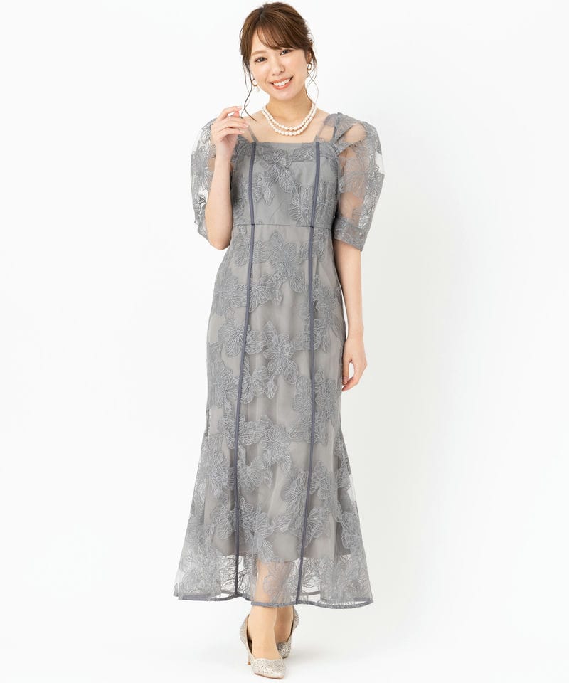 Leja レジャ 2WAYチュールオリジナル花柄刺繍オフショルドレス グレー