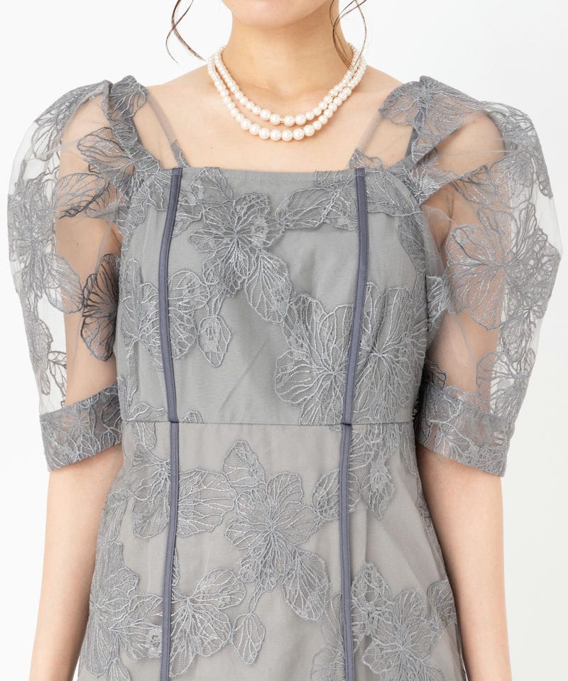 Leja レジャ 2WAYチュールオリジナル花柄刺繍オフショルドレス グレー