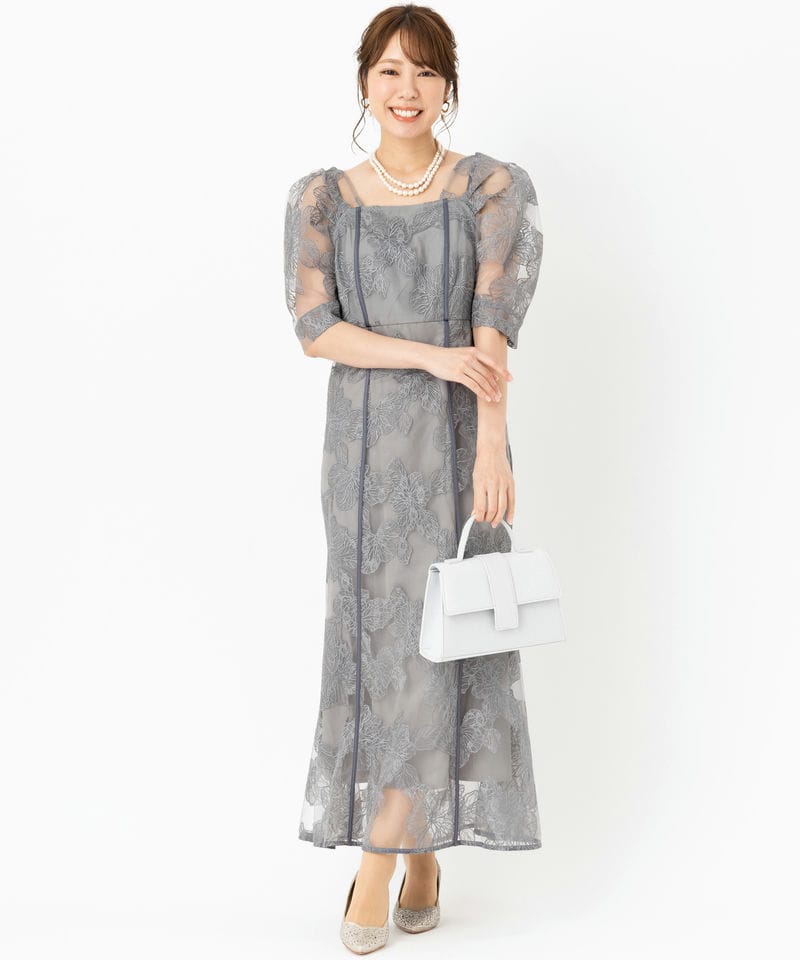 Leja レジャ 2WAYチュールオリジナル花柄刺繍オフショルドレス グレー