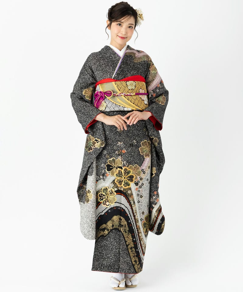 たたき染め　振袖　成人式　着物　フルセット Select Shop 【振袖】たたき染めに桜 ブラック系 | 結婚式パーティーの
