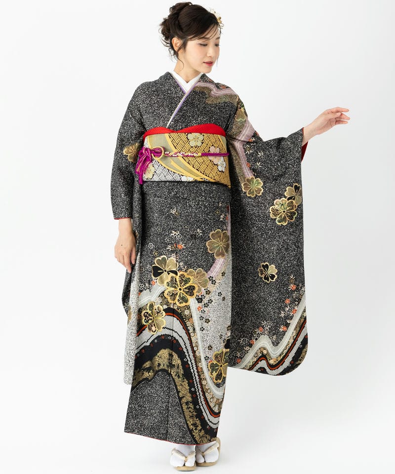 たたき染め　振袖　成人式　着物　フルセット Select Shop 【振袖】たたき染めに桜 ブラック系 | 結婚式パーティーの