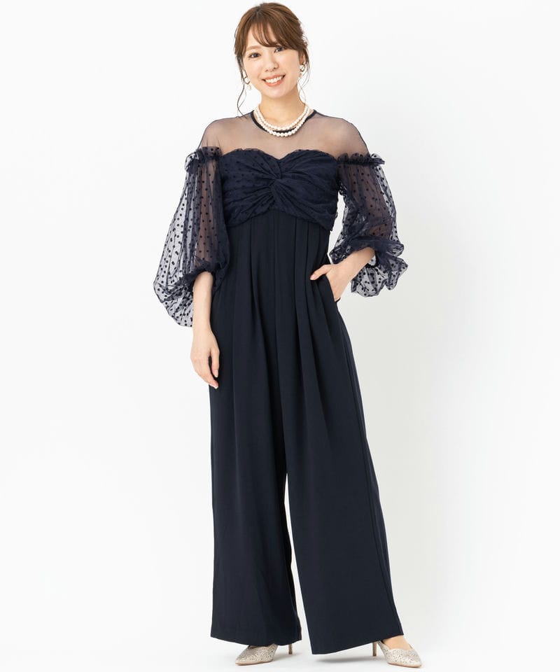 美品【ANDRESD】フロッキードットパンツドレス ネイビー L ANDRESD アンドレスド フロッキードットパンツドレス グレー系 x