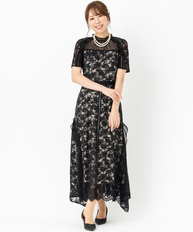 SNIDEL スナイデル シフォンフリルレースドレス ブラック系 | 結婚式