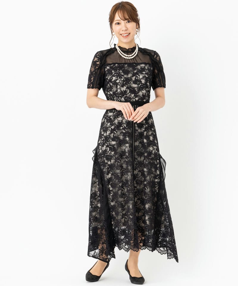 SNIDEL スナイデル シフォンフリルレースドレス ブラック系 | 結婚式