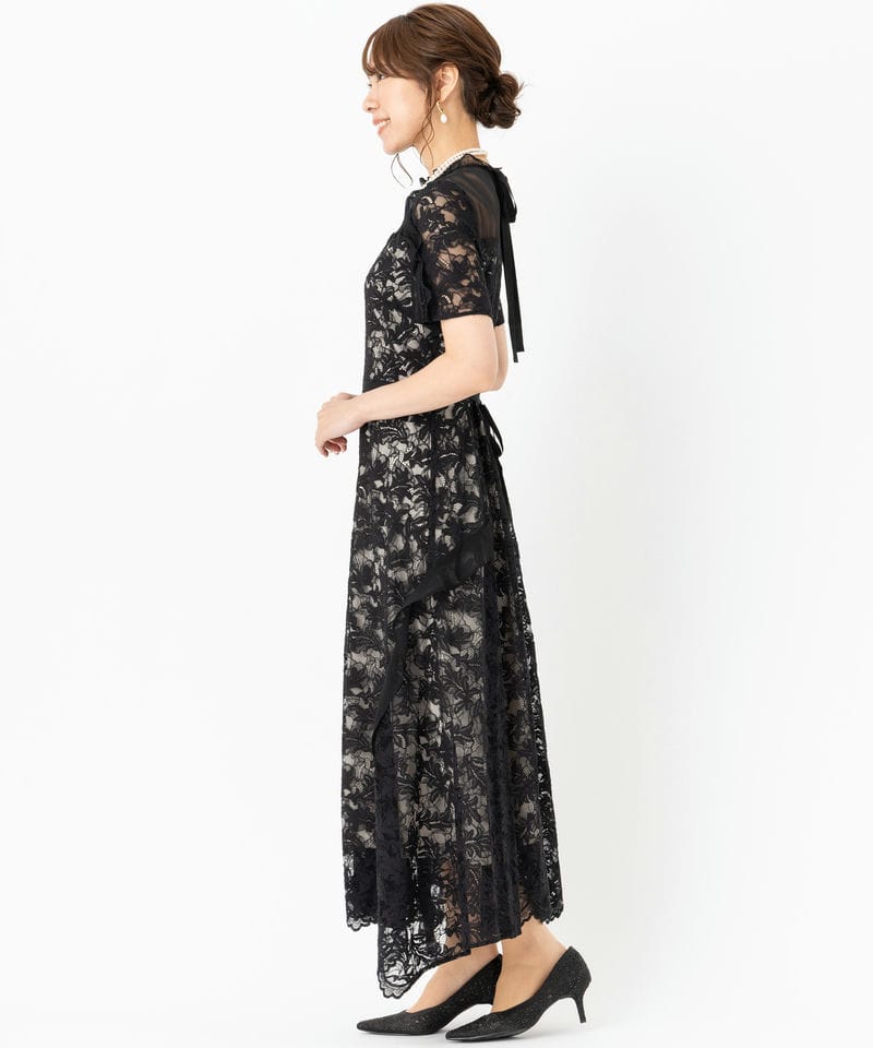 SNIDEL スナイデル シフォンフリルレースドレス ブラック系 | 結婚式