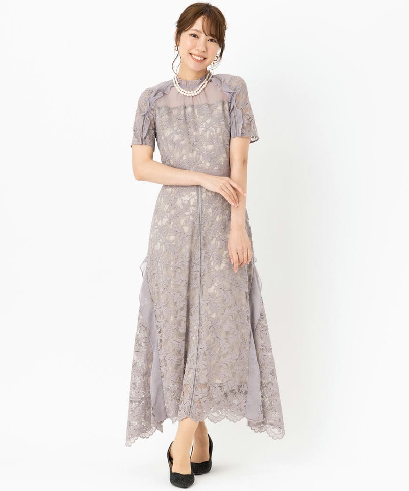 SNIDEL プリーツ切替ボウタイレースドレス SNIDEL スナイデル プリーツ切替ボウタイレースドレス ピンクベージュ