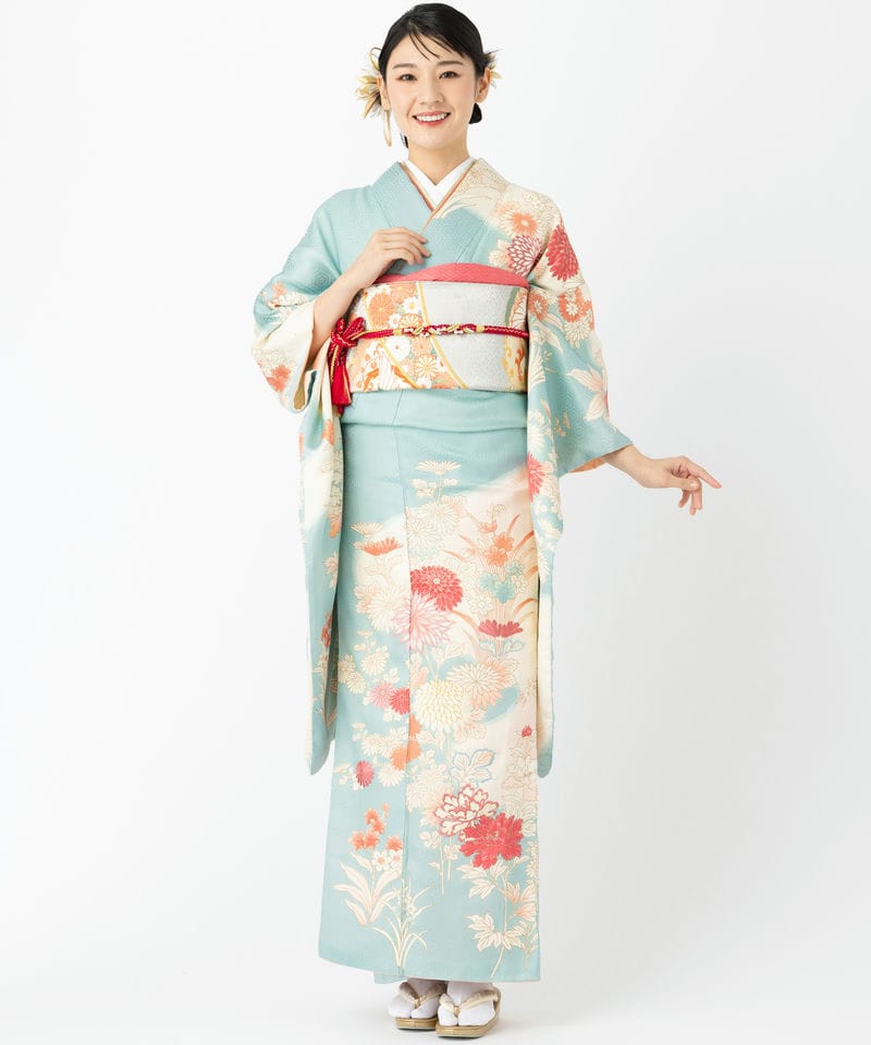 生成り孔雀に牡丹の振袖フルセット 振袖フルセット ワインレッド牡丹と