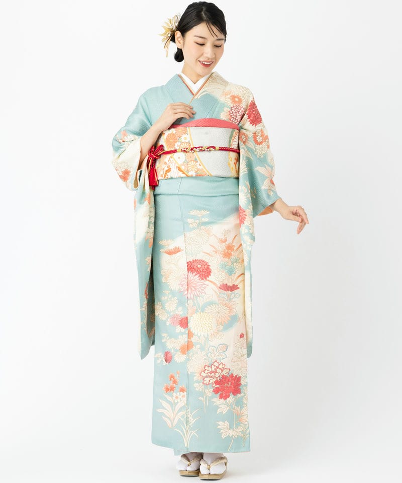 振袖 二尺袖 身丈156 セミアンティーク 菊花 椿 桜 水仙 着物 062b