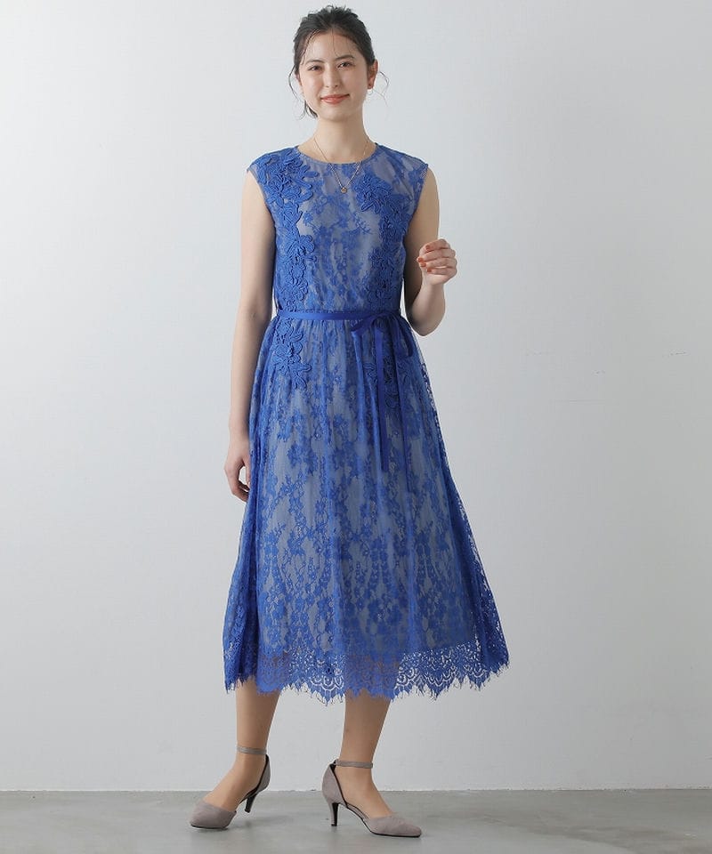 新品✨ラ・クープ LACOUPE✨総レースワンピース F4 大きいサイズ LACOUPE ラクープ レースモチーフ刺繍ドレス ブルー系 | 結婚式