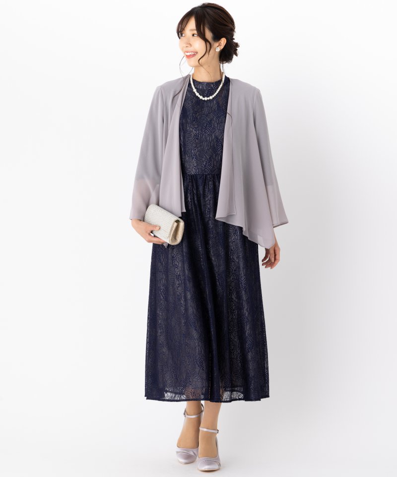 Aimer エメ リーフ柄ラメレース袖付きフレアドレス ネイビー系 | 結婚