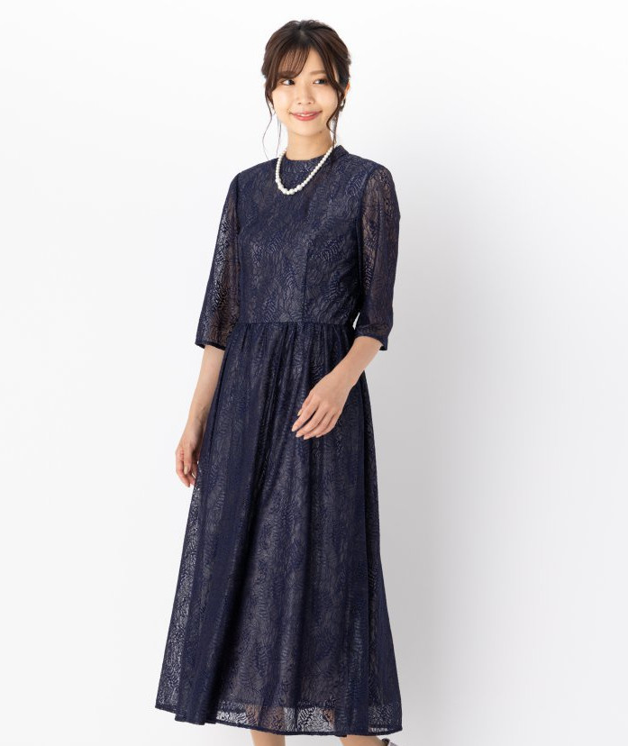 Aimer エメ チュールエンブロイダリーレースパイピングドレス ネイビー