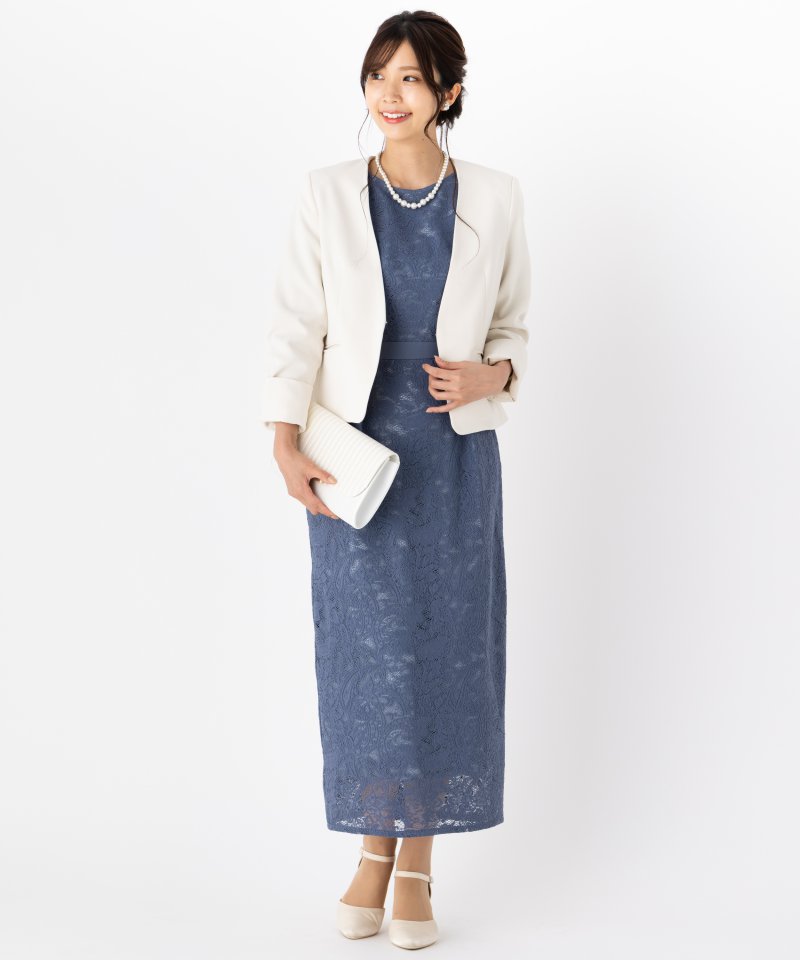 Aimer エメ ペイズリー柄袖付きタイトドレス ブルー系 | 結婚式