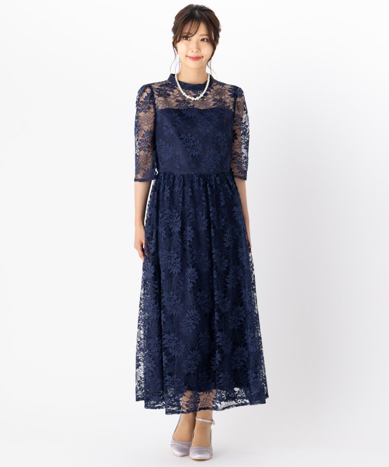 Aimer プチハイネック袖付き花柄レースフィット&フレアドレス ネイビー
