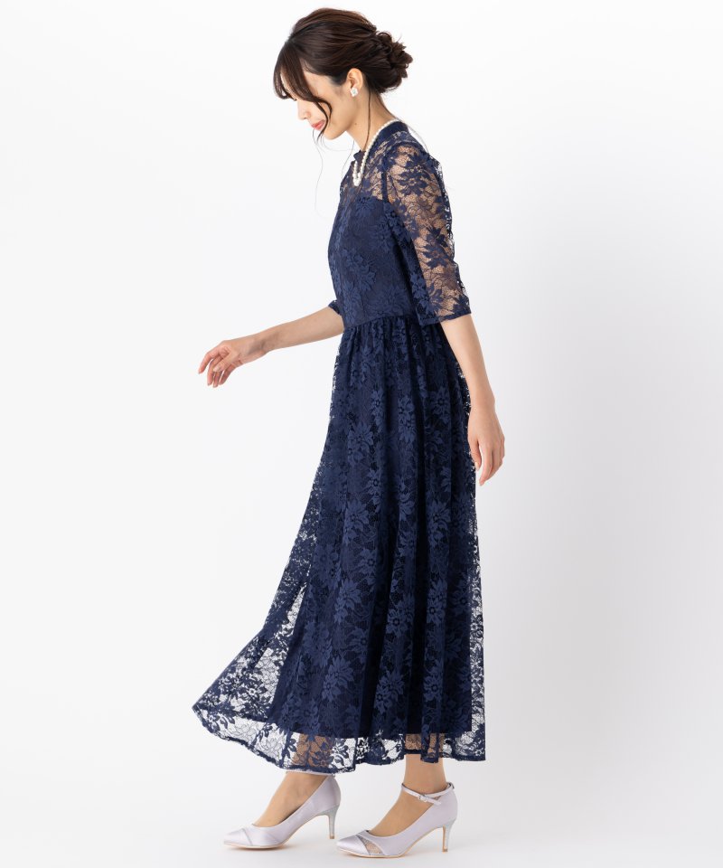 Aimer プチハイネック袖付き花柄レースフィット&フレアドレス ネイビー