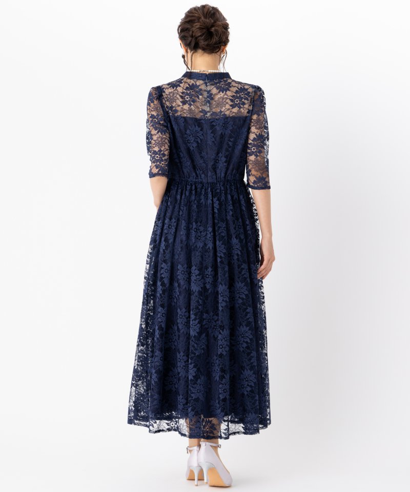 Aimer プチハイネック袖付き花柄レースフィット&フレアドレス ネイビー
