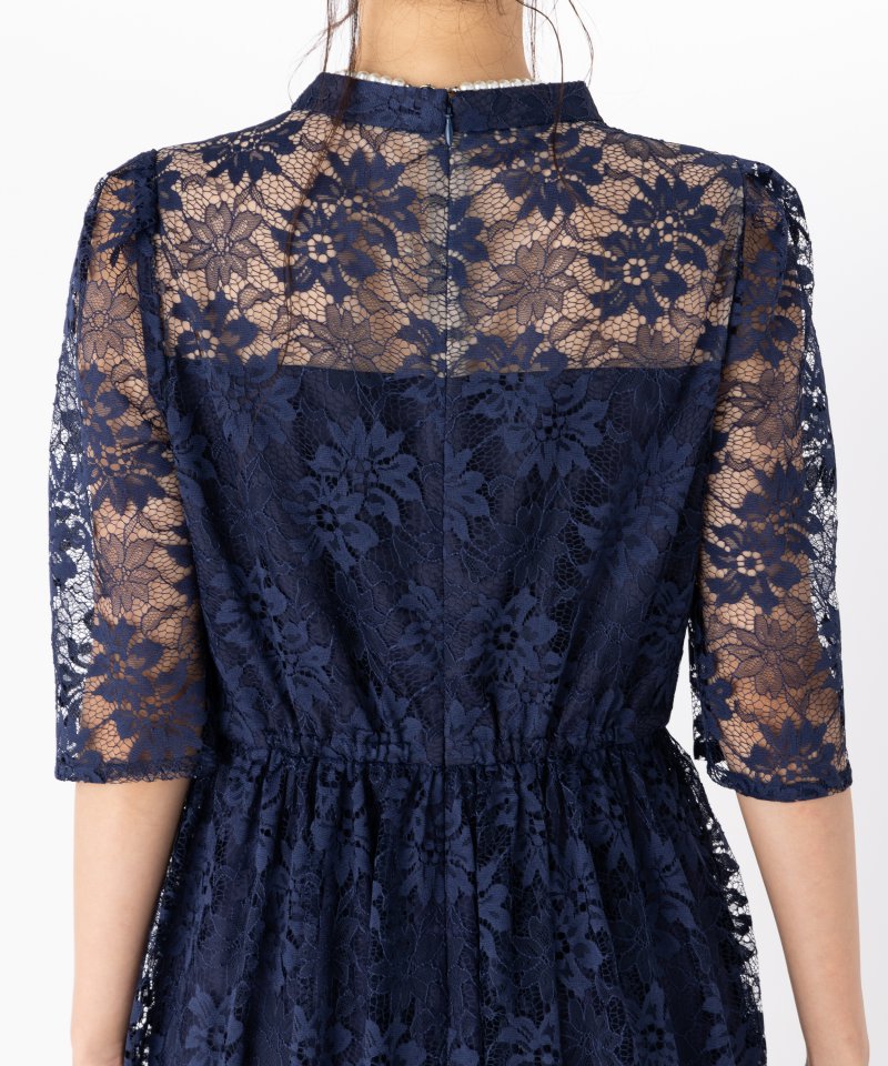 Aimer プチハイネック袖付き花柄レースフィット&フレアドレス ネイビー