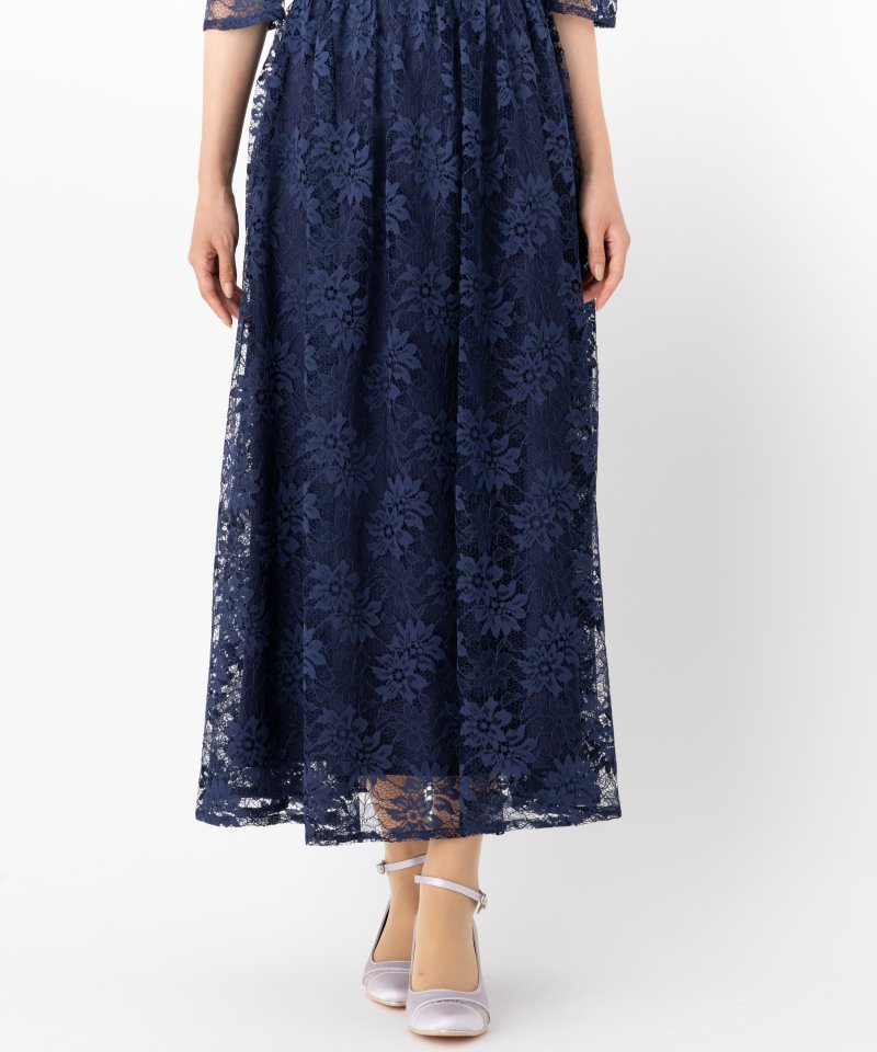 Aimer プチハイネック袖付き花柄レースフィット&フレアドレス ネイビー